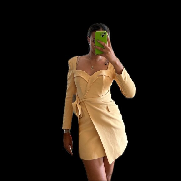 Lavish Alice Obi Butter Yellow Belted Blazer Dress with Long Sleeves - Picture 3 of 9